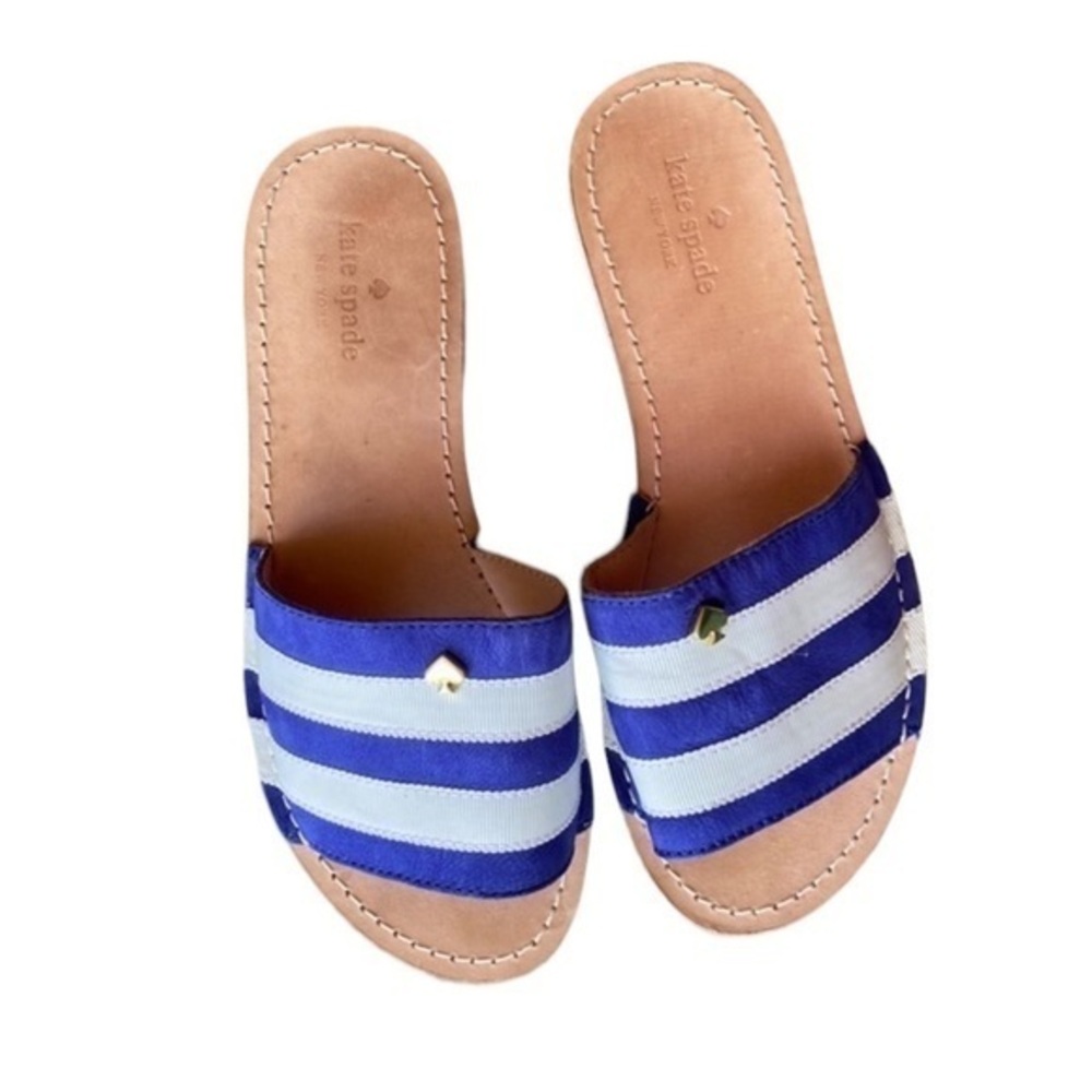 Kate Spade Imperiale Striped Bright Blue Nubuck with White Grostrain Sandals 6.5